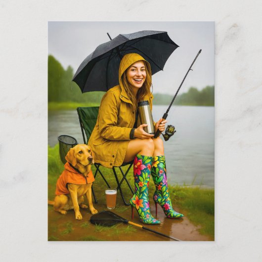 Frauen in Regenmantel und Stiefeln Feiertagspostkarte (Vorderseite)