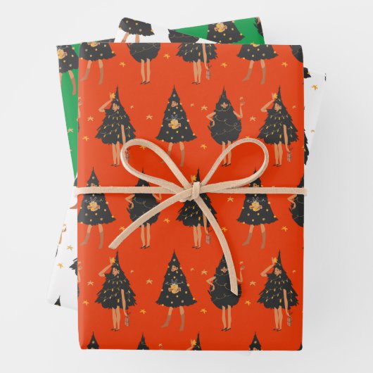 Frauen in schwarzem Weihnachtsbaum gekleidet Geschenkpapier Set (Beispiel)