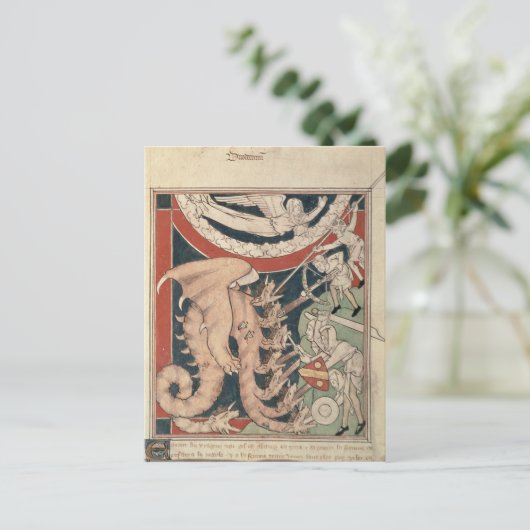 Frauen in Wolke über fünf Männer kämpfen Postkarte (Stehend Vorderseite)