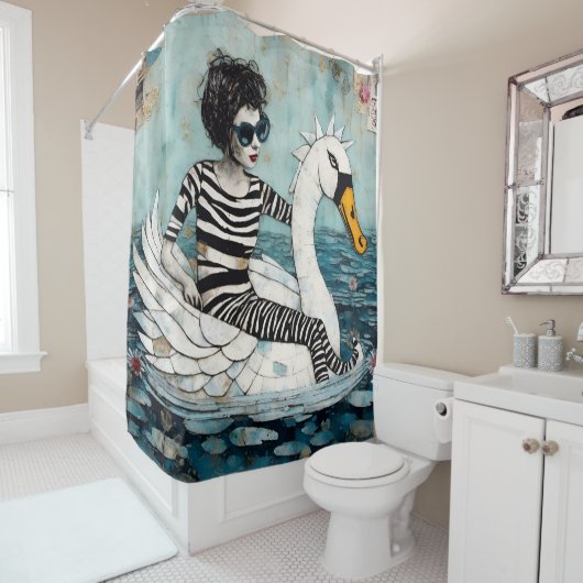 Frauen in Zebra gestreift Outfit auf einem Schwan Duschvorhang (Beispiel)