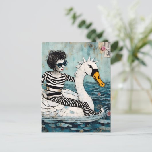 Frauen in Zebra gestreift Outfit auf einem Schwan Postkarte (Stehend Vorderseite)