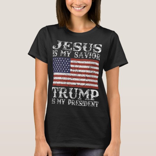 Frauen Jesus ist mein Retter Trump ist mein Präsid T-Shirt (Vorderseite)
