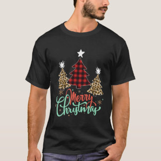 Frauen Leopard Karierten Weihnachtsbaum Frohe Weih T-Shirt