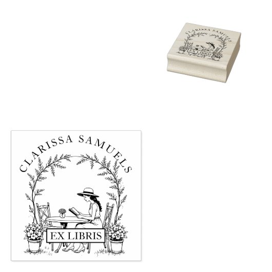 Frauen lesen Gartentisch-Blume mit Ex Libris Gummistempel (Stempel)