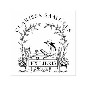Frauen lesen Gartentisch-Blume mit Ex Libris Permastempel