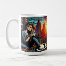 Frauen lesen im City-Fenster mit Cat und Kaffee
