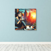 Frauen lesen im City-Fenster mit Cat und Kaffee Leinwanddruck (Insitu (Holzboden))