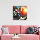 Frauen lesen im City-Fenster mit Cat und Kaffee Leinwanddruck (Insitu (Wohnzimmer))