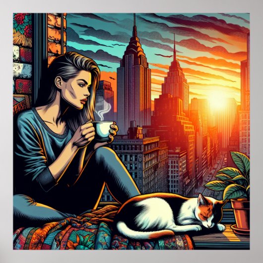 Frauen lesen im City-Fenster mit Cat und Kaffee Poster (Vorne)