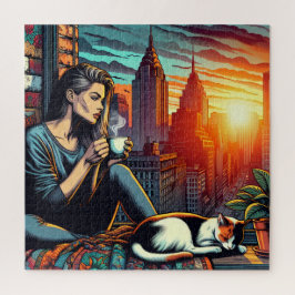 Frauen lesen im City-Fenster mit Cat und Kaffee Puzzle