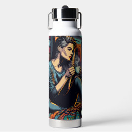 Frauen lesen im City-Fenster mit Cat und Kaffee Trinkflasche