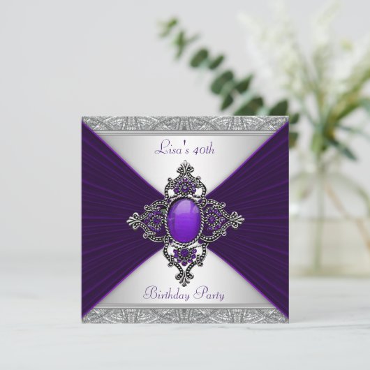 Frauen Lila 40. Geburtstag Party Einladung (Stehend Vorderseite)