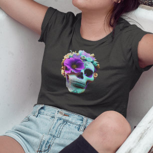 Frauen Lila Blume Eye Socket Candy Skull T-Shirt