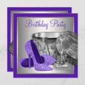 Frauen Lila Geburtstagspartei mit Silberschnur Einladung (Vorne/Hinten)