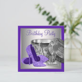 Frauen Lila Geburtstagspartei mit Silberschnur Einladung (Stehend Vorderseite)