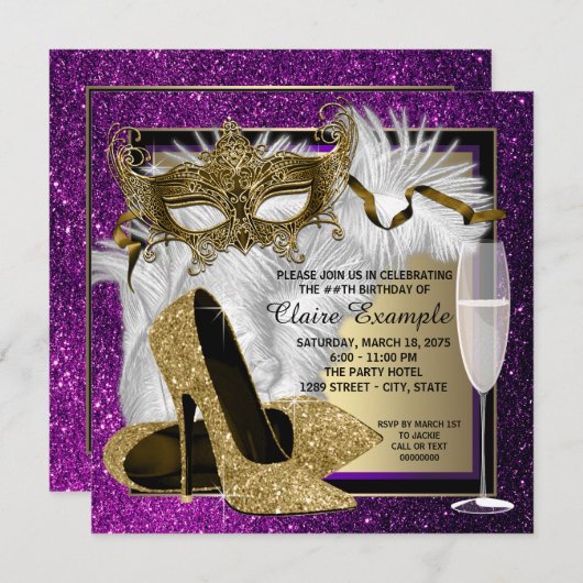 Frauen Lila Gold Masquerade Party Einladungen (Vorne/Hinten)