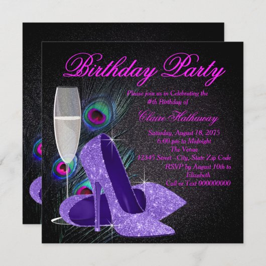 Frauen Lila PfauenGeburtstagspartei Einladung (Vorne/Hinten)