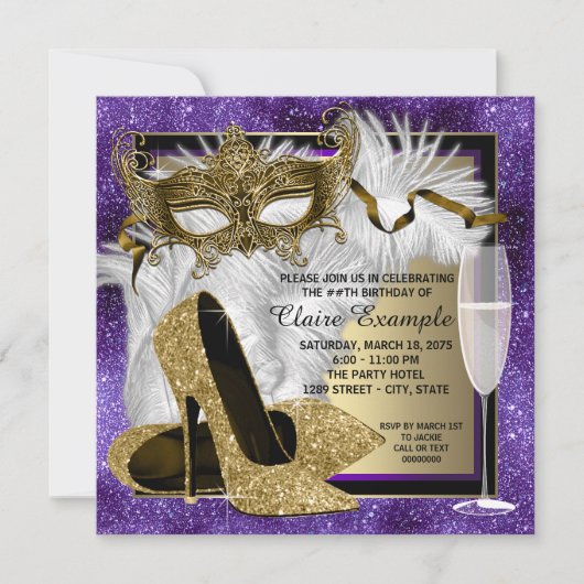 Frauen Lila und Gold Masquerade Party Einladung (Vorderseite)