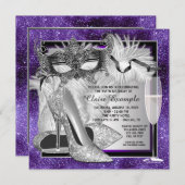Frauen Lila und Silver Birthday Masquerade Party Einladung (Vorne/Hinten)
