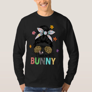 Frauen Mädchen Leopard Messy Bun Grandmutter Bunny T-Shirt
