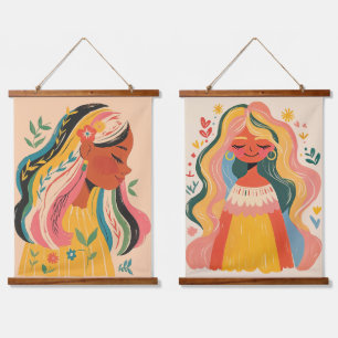 Frauen Mädchen Niedlich Boho Florale Illustration Wandteppich Mit Holzrahmen