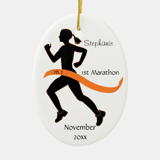 Frauen-Marathon-Läufer-Verzierung in der Orange Keramik Ornament (Vorne)