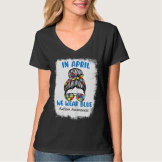 Frauen Messy Bun im April tragen wir blauen Autism T-Shirt