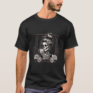 Frauen Messy Bun Skeleton Drink Kaffee Vintag T-Shirt