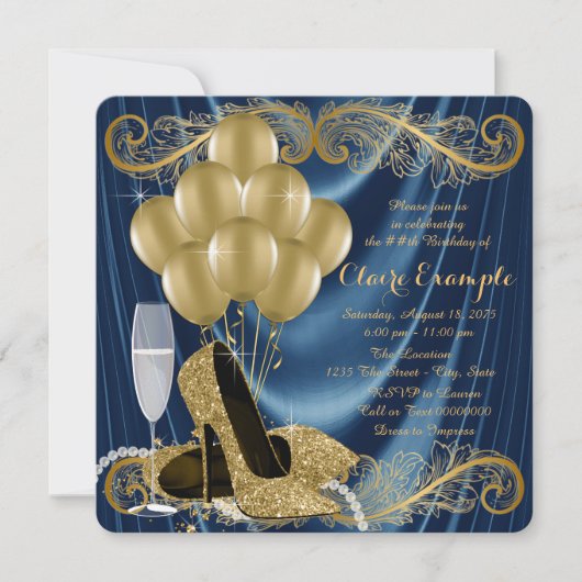 Frauen Midnight Blue und Gold Birthday Party Glam Einladung (Vorderseite)