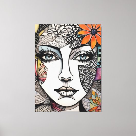 Frauen mit abstrakten gemischten Medien stehen vor Leinwanddruck (Vorderseite)