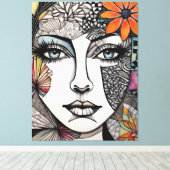 Frauen mit abstrakten gemischten Medien stehen vor Leinwanddruck (Insitu (Holzboden))