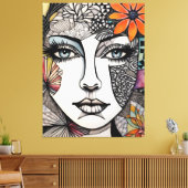 Frauen mit abstrakten gemischten Medien stehen vor Leinwanddruck (Insitu (Wohnzimmer))