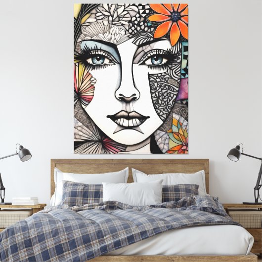 Frauen mit abstrakten gemischten Medien stehen vor Leinwanddruck (Insitu (Schlafzimmer))