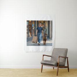 Frauen mit dunkelblauem runden Nackenbein-T - Shir Wandteppich