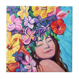 Frauen mit hawaiianischen Blume Keramik Tile Fliese