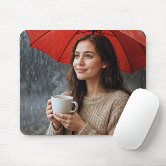 Frauen mit heißem Kaffee-Cup unter einem roten Sch Mousepad (Mit Mouse)