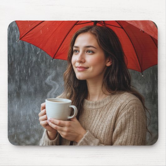 Frauen mit heißem Kaffee-Cup unter einem roten Sch Mousepad (Vorne)