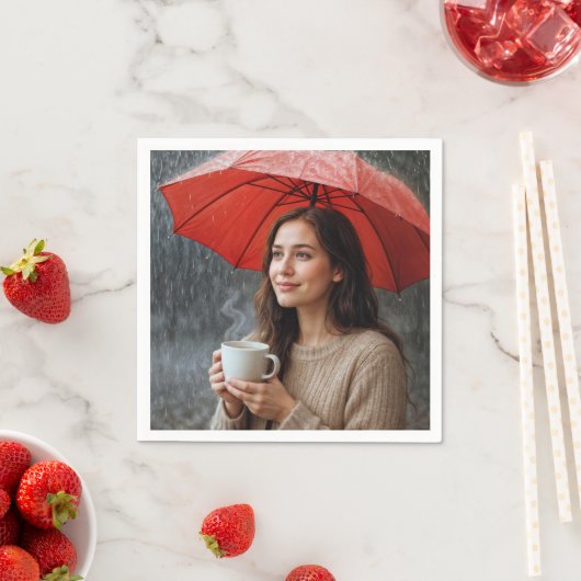 Frauen mit heißem Kaffee-Cup unter einem roten Sch Serviette (Beispiel)