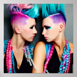 Frauen mit rosa und blauen Mohawks Poster