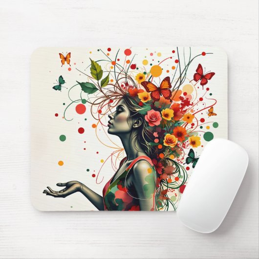Frauen mit Schmetterlingen und Blume Mousepad (Mit Mouse)