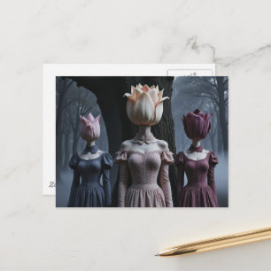Frauen mit Tulpenköpfen verlassener Wald Postkarte