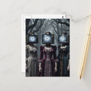 Frauen mit Vintage-Fernsehkopf im spooky Forest Postkarte