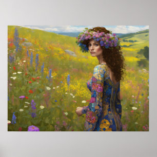 Frauen mit Wildblumen im Hügel Landschaftliche Kun Poster