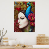 Frauen, Pfau, rote Blume und Herz Poster (Küche)