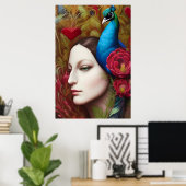 Frauen, Pfau, rote Blume und Herz Poster (Heimbüro)