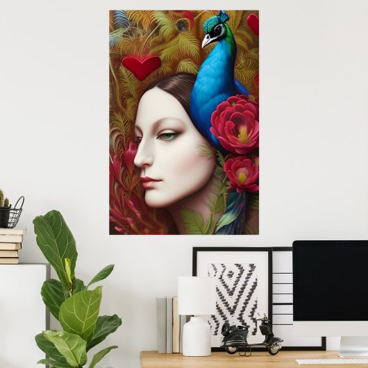 Frauen, Pfau, rote Blume und Herz Poster (Heimbüro)