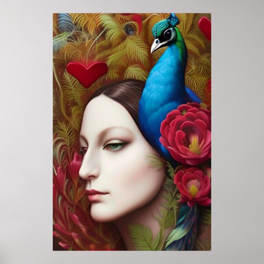 Frauen, Pfau, rote Blume und Herz Poster (Vorne)
