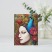 Frauen, Pfau, rote Blume und Herz Postkarte (Stehend Vorderseite)