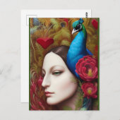 Frauen, Pfau, rote Blume und Herz Postkarte (Vorne/Hinten)