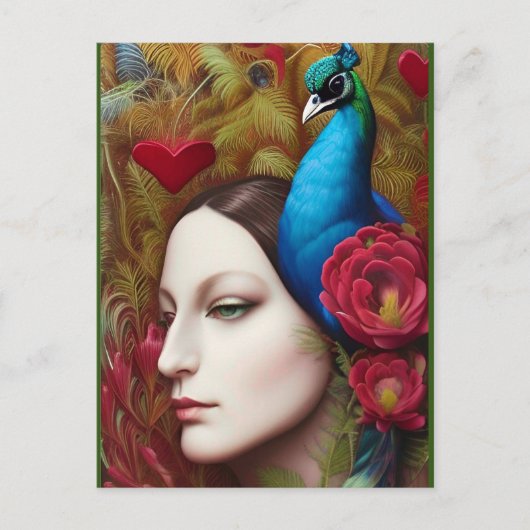 Frauen, Pfau, rote Blume und Herz Postkarte (Vorderseite)